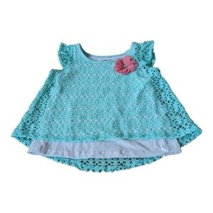 ⭐ Swiggles Teal green crochet over white Sleeveless Dress with pink flower 24M
